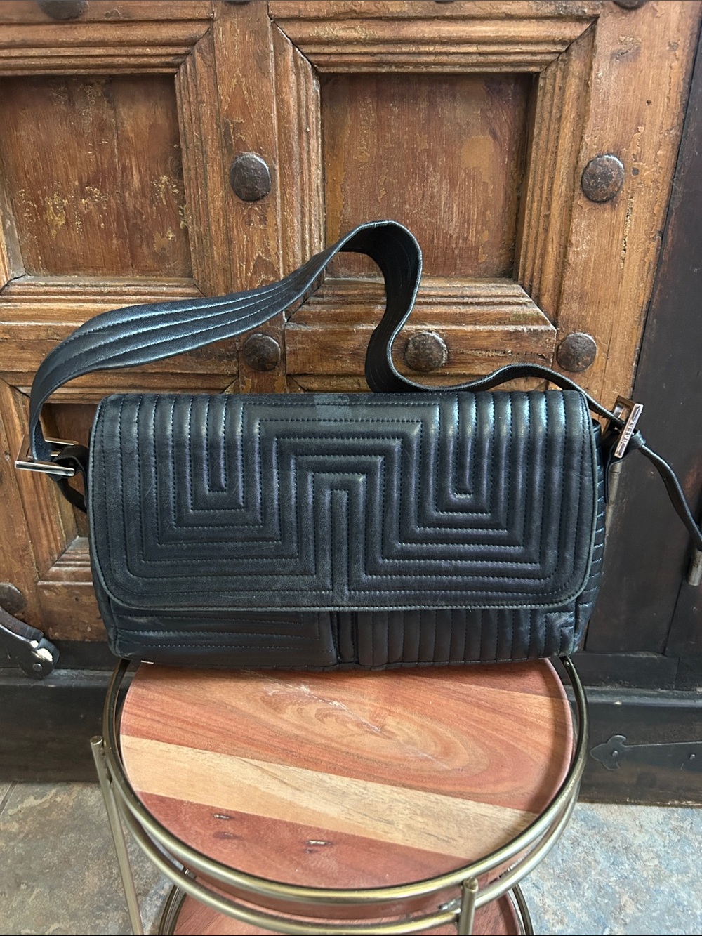 Bally Italy Black Lambskin Geometric Quilted Flap Shoulder Bag with Strap
